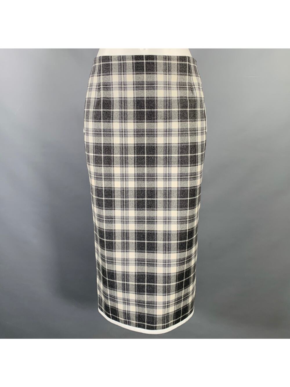 THOM BROWNE Size 0 Grey Cream Wool Plaid Pencil Mid-Calf Skirt